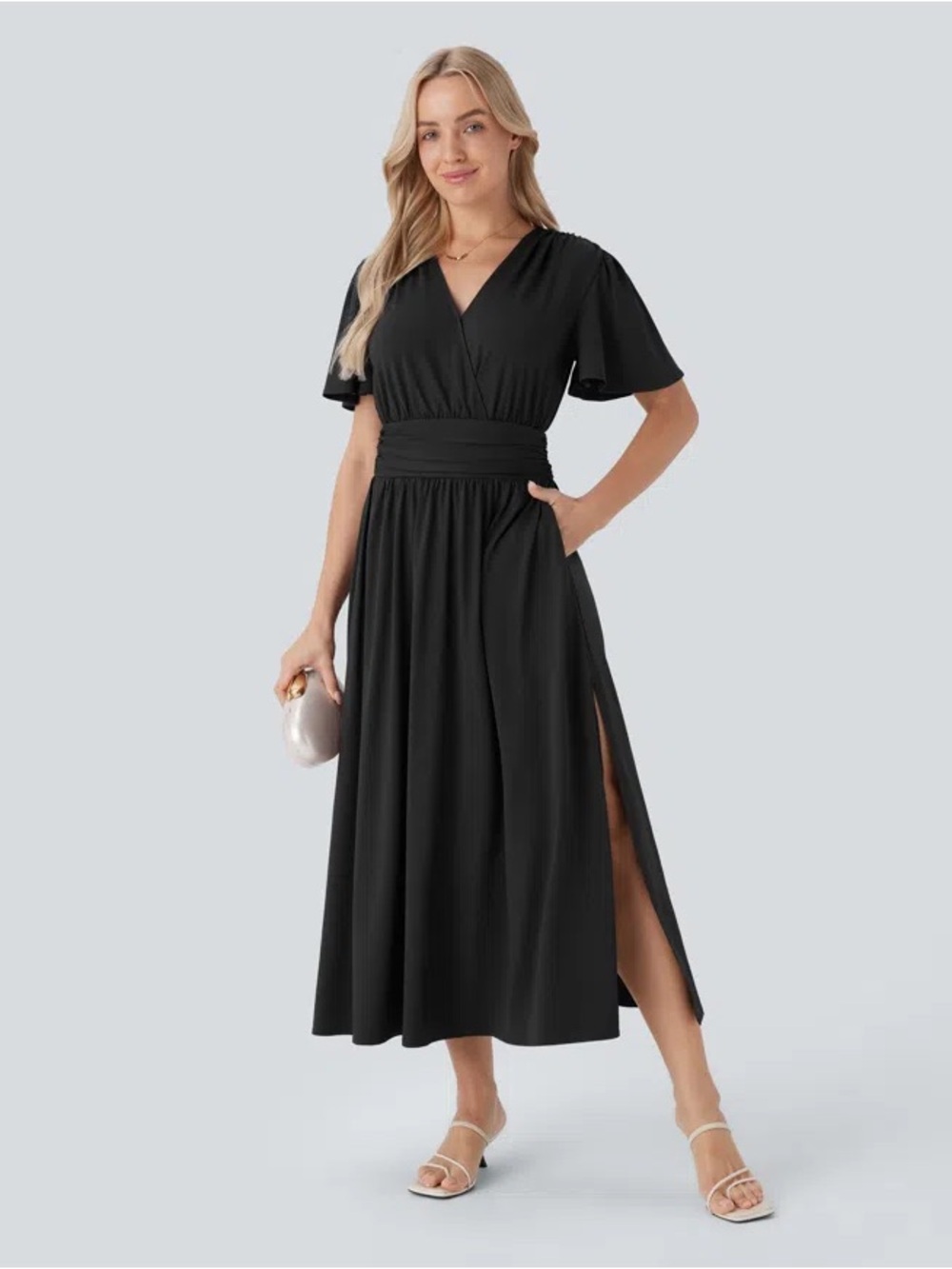 HALARA V Neck Short Sleeve Draped Flowy Midi Dress S Small NWT